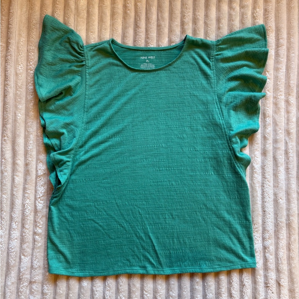 Nine West Petite Emerald Green Large Ruffle Sleeve Top Short Sleeve Blouse